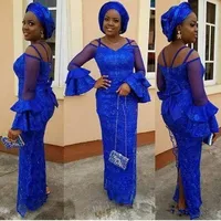 Sexy formele avondjurk Royal Blue Prom Dresses Nigeria V Neck Long Sleeve Midden -Oosten Women feestjurken Split Lace Sheath Lace Aso Ebi