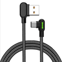 Dubbel armbåge Typ-C Micro USB-kablar Fast CHARGE 90 graders kabel med ljus för Samsung Huawei-kabel för alla mobiltelefonspelkabel