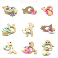 Baby Teether Rings Food Grade Beech Wood Teething Ring Teethers Chew Toys Shower Play Chew Round Wooden Beads