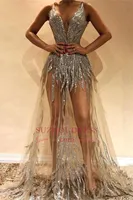 2019 Sexy Sheer Prom Dress Illusion Beaded Evening Dresses Luxury Deep V Neck Crystal Party Gown Sheath Pageant Gown