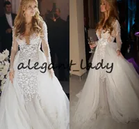 Blake Lively Long Sleeve Mermaid Wedding Dresses with Detachable Train 2019 Berta 3D Floral Lace Tulle Fairy Garden Castle Wedding Gown