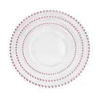Glass Charger Plate with Decorative Gold Silver Beaded Rim 8 10.5 12.5 inch Round Dinner Service Tray for Wedding Party