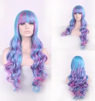 European e americano novo anime peruca feminino longo cabelo encaracolado harajuku estilo gradiente azul e roxo pick tingindo grande onda headgear