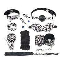 Leopard Bondage Gear Pack 8 Pcs Faux Leather Hand Cuffs Blind Fold Whip Nipple Clamp Collar with Leash Paddle Cotton Rope Ball Gag