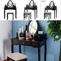 Einfacher Vintage Style Vanity Table Sets mit Hocker Kosmetiktisch Set Massiv Makeup Table mit 3 Schubladen Spiegel-Schwarz