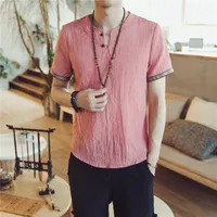 남자 코튼 리넨 반소매 티셔츠 여름 얇은 패브릭 중국어 번체 복장 남성 복고풍 티셔츠