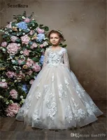 Blumen-Mädchen-Kleider SpitzeAppliques Sheer Mädchen-Festzug-Kleid-wulstige nach Maß für Kinder formales Kleid Geburtstag