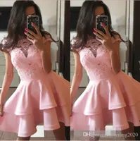 Lovely Pink A line Homecoming Vestidos Jewel Mangas Curtas Lace Up Curto Mini Comprimento Party Dresses