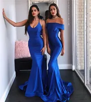 Sexy Spaghetti Royal Blue Mermaid Prom Dresses Cheap Satin Open Back Abito da sera Eleagnt Abito formale da damigella d'onore BM1543