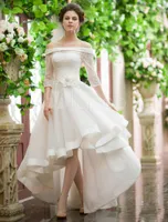 Encolure style vintage Robes de mariée haut bas robes de mariée en dentelle fleur Ceinture organza court Frong dos long CMHP004