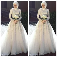 2019 Modest Alta Pescoço Mangas Compridas Vestidos de Casamento Muçulmano Design Exclusivo A Linha Lace Apliques Elegantes Vestidos De Noiva Jardim Vestidos de Mariee