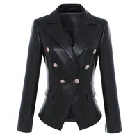 High Quality New Designer Women Leather Blazers Lion Head Button Double Breasted Suit Jacket Female Slim Office Business Blazer Coat A289