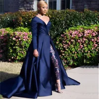2019 Modest Blue Jumpsuits Two Pieces Evening Dress One Shoulder Front Side Slit Celebrity Gowns Party Dress Satin without pants