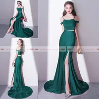 Sexy Emerald Groen Satijn Twee stukken Avondjurken Mermaid 2019 Eenvoudige Formele Partyjurken Sweep Train High Side Split Prom Dress Long Cheap