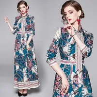 Qualität klassischer Blumendruck-elegante Kleid Frauen Runway Langarm-Partei-Abschlussball-Bogen-Damen-Knopf-Hemd-Kleid Beiläufiges Büro Designer-Kleider
