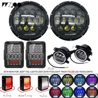 2019 new 7&quot; LED RGB Headlights + 4&quot; Fog Lights Front Bumper Lamp+Pair Running Brake Turn Signal Light for 07-16 jeep wrangler
