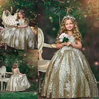 Prinzessin Gold Pailletten und weiße Appliqued Girls Pageant Kleider Zurück Schleife Backless Kid Formale Kleidung Blume Mädchen Dresses für Hochzeit