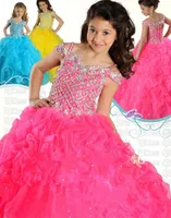 New Sparkle Glitz Puffy Sexy Belle Christmas Kids Girl Pageant Abiti Giallo Royal Pink Ruched Flower Girl Abiti da festa Party Crystal