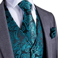 Fast Shipping Men&#039;s Classic Green Solid Paisley Silk Jacquard Waistcoat Vest Handkerchief Cufflinks Party Wedding Tie Vest Suit Set MJ-0107