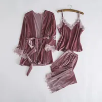 꽃 트림 섹시한 여성 벨벳 3pcs 잠옷 가을 겨울 따뜻한 파자마 파자마 세트 단단한 Colar Nightwear 소프트 홈웨어 M-XL