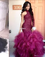 Longos sereia Sexy Prom Dresses 2020 Tulle Lace Ruffle Um Shouler Zipper-Up Tribunal Trem Vestidos Pagent Vestidos