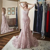 2019 Chic Mermaid longo Prom Dresses Spaghetti Zipper Partido Evening Voltar Vestidos Lace Applique Tulle vestido formal