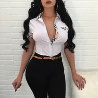Women Sexy V-Neck Top Basic Deep Cleavage Plunge Short Sleeve Summer Casual  Shirt Low Cut Button Decor Stretch Blouse