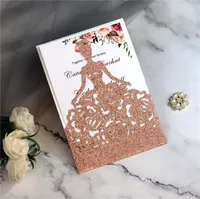 Glitter Laser Cut Crown Princess Inbjudningskort Kort för födelsedag Quinceanera Rose Girl Wedding Invitations Fashion Hollow Out Greeting Card