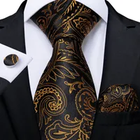 Fast Shipping Silk Tie Set Black Gold Paisley Men's Wholesale Classic Jacquard Woven Necktie Pocket Square Cufflinks Wedding Business N-7052