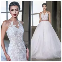 2019 New Sheer Lace Appliques Sereia Vestidos De Noiva com Saia Destacável Duas Peças Plus Size Vestidos Noiva Personalizado Vestidos de Mariee