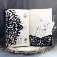 Navy Blue Sequins Láser Cut de bolsillo Invitación de invitación de boda Invites personalizables con el sobre accesorio de boda en blanco personalizado