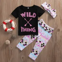 新生児の服のセット女の子の赤ちゃんの矢の半袖Tシャツトップス+トラングルストリップレギンスパンツ+ + hedband 3pcsベビーアウトフィットセット