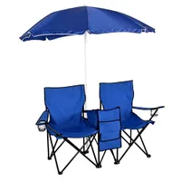 WACO 2人の二重折りたたみ芝椅子、屋外ベンチキャンプ家具ビーチパティオスポーツ、取り外し可能な傘クーラーバッグとキャリーケースブルー