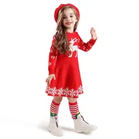 크리스마스 여자 어린이 의류 드레스 라운드 칼라 긴 소매 크리스마스 사슴 디자인 두꺼운 드레스 고품질의 겨울 어린이 공주 드레스