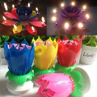 Nya Färgglada kronblad Musik Stearinljus Barn Födelsedagsfest Lotus Sparkling Blomma Ljus Squirt Blossom Flame Cake Tillbehör Gåva