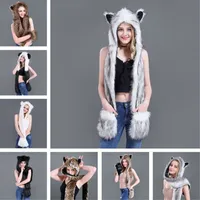 3 In 1 Women Men Fluffy Plush Animal Wolf Leopard Hood Scarf Hat with Paws Mittens Gloves Thicken Winter Warm Earflap Bomber Cap 210203