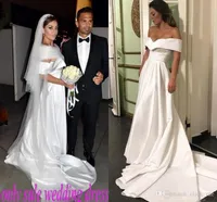 Nowa Prosta Plaża Suknie Ślubne Tanie Off Shoed Capped Court Train Satin Wedding Dress Bohemia Country Style Vestidos