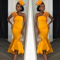 2020 Hot African One Shoulder Hi Lo Mermaid Cocktail Dresses Flower Ruffles Ankle Length Dress Formal Party Wear