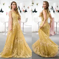 2019 Gorgeous Evening Dresses Jewel Neck Lace Appliques Sleeveless Golden Party Pageant Gowns Celebrity Dress Sweep Train Prom Gowns