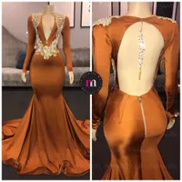 HEISSE Langarm Mermaid PROM Gelegene Kleider 2020 Sparkly Perlen Kristall Backless V-Ausschnitt Braun Afrikaner Abend Pageant Kleid Kleid