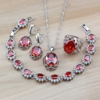 925 Silver Bridal 4 sztuk Zestawy biżuterii dla kobiet Kostium Red Garnet Cyrkon Dangle Kolczyki / Naszyjnik / Bransoletka i Zestawy pierścieniowe