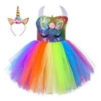 Ins Gökkuşağı Unicorn Kız Elbise + Kafa 2 adet Pullu Tutu Kız Elbise Bebek Prenses Elbise Tatil Parti Elbiseler Noel Elbiseler A9359