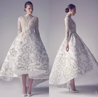 Ashi Studio Couture Abendkleider Spitze 3D Blumenapplikationen Korn hohe Kragen-hohe niedrige Abschlussball-Kleid-lange Hülse nach Maße formalen Partei-Kleider