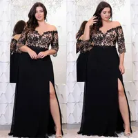 Black Lace Plus Size Avondjurken met Half Mouwen Off The Shoulder Split Side Avondjurken A-lijn Chiffon Formal Prom Dress SD3358