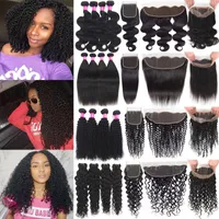 Brazilian Human Hair Wefts With Closure Deep Wave Curly Virgin Hair Bundles With 13x4 Lace Frontal Human Hair Weaves With 360 Lace Frontal