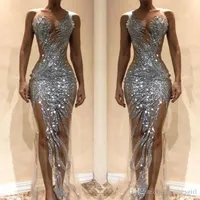 2020 Sexy Silver Sequined Mermaid Prom Dresses Front Split See Through Evening Gown Special Occasion Party Dress BC0621
