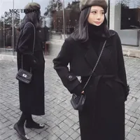 Women's Wool & Blends Winter Long Woolen Coat Women 2021 Black Adjustable Waist Outerwear Casual Loose Coats Female XS-2XL