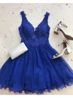 Chiffon azul royal vestido de baile vestidos de baile elegante frisado curto vestidos de baile applique lace party dress 2019