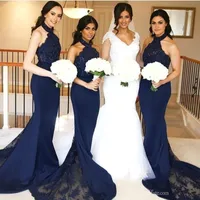 Black Girls Navy Blue Mermaid Prom Dresses long Elegant Evening Formal Dresses Lace High Neck Party Prom Gowns Backless 2020