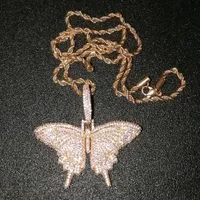 Iced out animal roze vlinder hanger ketting met ketting rosegold goud zilver kubieke zirkoon mannen vrouwen hiphop rock sieraden